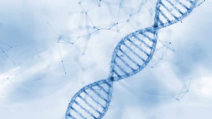 shutterstock_2475669199.jpg Illustration of a DNA double helix on a blue background