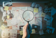 Coast Guard Seizes Boat: Deadly Mystery Unfolds Magnifying glass over investigation board with photos and strings.
