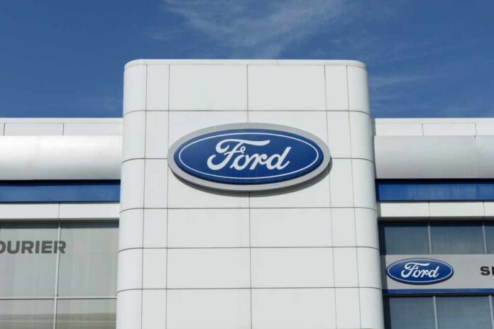 Exterior view of a Ford dealership with the logo prominently displayed