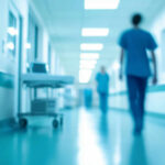 Blurred hospital corridor with medical staff walking