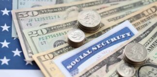 Various denominations of U.S. currency and a Social Security card on an American flag background