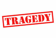 TRAGEDY: Freak Wind Kills Diner Red tragedy stamp on white background