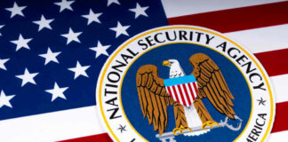 National Security Agency logo on American flag background.