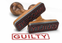 GUILTY: Fake Badge Murders Stunned Politicians Two rubber stamps labeled guilty and innocent on a white surface