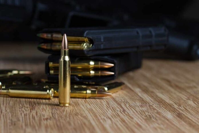 A,Single,.223,Bullet,,Standing,In,Front,Of,Loose,Ammo