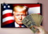 Trump’s $700M Coal Gambit Ignites Big Blue State Hand holding cash in front of American flag background with Donald Trumps face