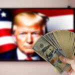 Trump’s $700M Coal Gambit Ignites Big Blue State Hand holding cash in front of American flag background with Donald Trumps face