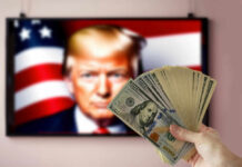 Trump’s $700M Coal Gambit Ignites Big Blue State Hand holding cash in front of American flag background with Donald Trumps face