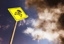 Narco-Terror Killings, No Receipts Yellow skull and crossbones warning sign against smoky sky