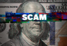 AI Scam Factories Explode — Americans Bleed Billions Dollar bill glitch effect with scam text overlay