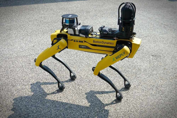 Fourlegged yellow robot dog on concrete ground
