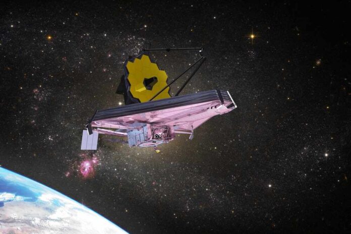 James,Webb,Space,Telescope,Looking,At,Galaxies.,This,Image,Elements James Webb Space Telescope in orbit above Earth with a starry background