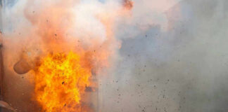 A large explosion with flames and smoke.