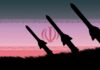 Iran Barrage Foiled — Then Payback Silhouetted missiles against a sunset background with an Iranian emblem