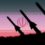 Iran Barrage Foiled — Then Payback Silhouetted missiles against a sunset background with an Iranian emblem