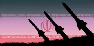 Silhouetted missiles against a sunset background with an Iranian emblem