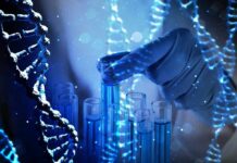 One Drop, One Murder: DNA Gamble Pays Off Gloved hand selecting a test tube among blue vials with DNA strands overlay