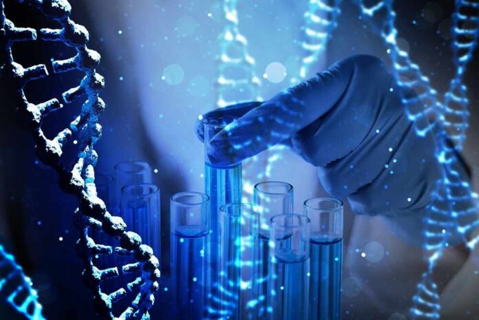 Dna,Strands,And,Scientist,Taking,Test,Tube.,Research,In,Biochemistry Gloved hand selecting a test tube among blue vials with DNA strands overlay