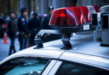 Police car lights with officers blurred in background.