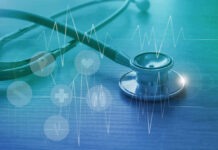 Five Cups Daily — Heart Risk Drops? A stethoscope on a wooden surface with digital health icons and a heartbeat graph overlay