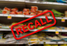 Walmart Soup Recall Sparks Listeria Scare Recall notice over grocery store shelves.