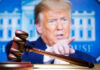 Judge Drops Hammer On Trump Gavel with Donald Trump speaking in the background.