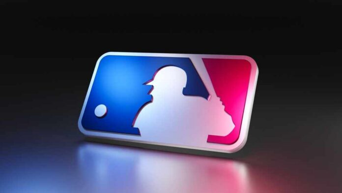Major,League,Baseball,Logo,On,Dark,Background,With,Metallic,Surface. MLB logo