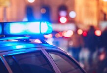 Homicide Charge After Shove Close-up of a police car with blue emergency lights in a city at night