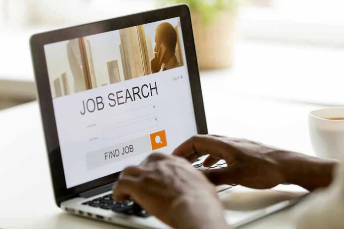 1044298738 Person searching for jobs on a laptop.