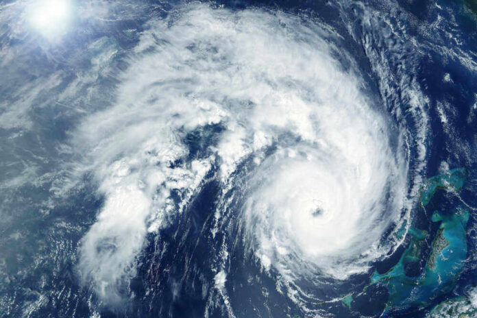 Satellite image of a hurricane over the ocean.