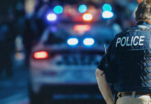Interstate Hostage Horror Stuns City Police officer stands near patrol car with lights flashing.