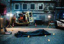 MASS SHOOTING: Drive-Up Gunmen Hit Party Crowd Police investigation at a crime scene with a covered body and evidence markers