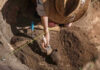 Archaeologist uncovering pottery at a dig site.