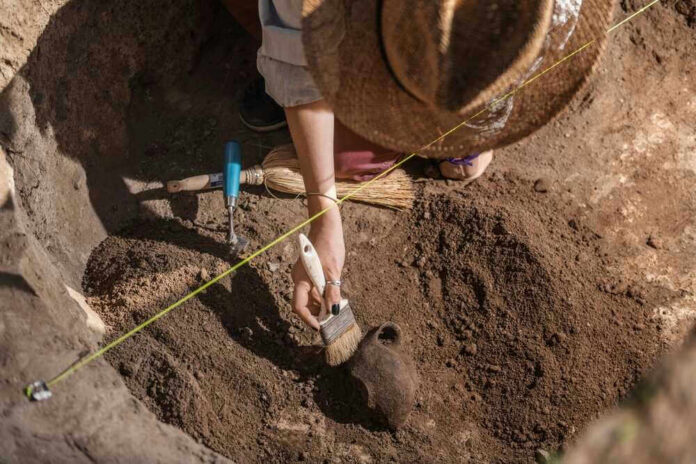 Archaeologist uncovering pottery at a dig site.