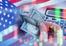 Income Milestone Stuns Economists USA flag calculator and hands holding dollars overlapping