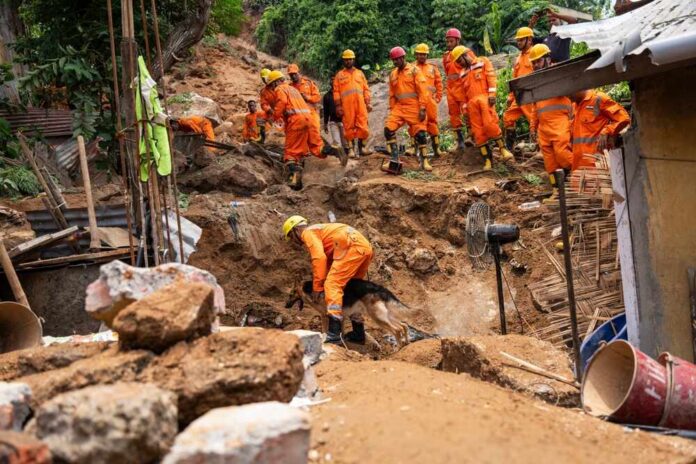 Rescue workers in orange uniforms search a landslide site with a dog