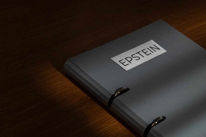A,File,Folder,Labeled,Epstein,On,A,Wooden,Desk.,Investigations, A gray folder labeled 'EPSTEIN' resting on a wooden surface