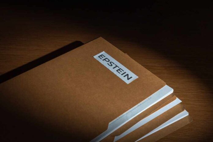 A,File,Folder,Labeled,Epstein,On,A,Dark,Surface.,Investigations, Stack of brown file folders with a label reading 'EPSTEIN'