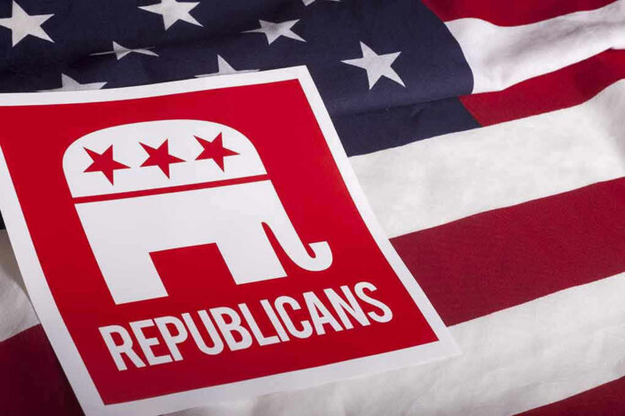 305852225 Republican symbol on American flag background.