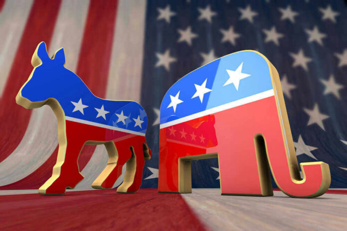 Donkey and elephant symbols with American flag background.