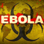 WHO Warning: Ebola Explodes Biohazard symbol over world map referencing Ebola