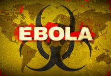 WHO Warning: Ebola Explodes Biohazard symbol over world map referencing Ebola