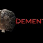Human brain illustration next to the word dementia on black background
