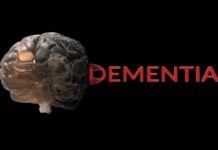 ADHD Tied To Dementia Surge Human brain illustration next to the word dementia on black background