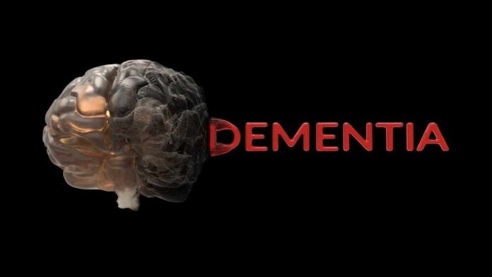 Conceptual,Representation,Of,Dementia,Showing,A,Brain,Transitioning,From,Healthy Human brain illustration next to the word dementia on black background