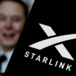 Elon Musk behind a phone showing the Starlink logo