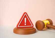 Diner Claims Tooth – Vendor Scramble Begins A red warning sign next to a legal gavel on a light background