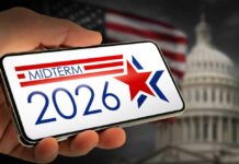 Poll Shock: Trust Ballots, Not Trump Hand holding a smartphone displaying 'MIDTERM 2026' with a star and American flag in the background