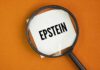 Epstein Bombshell Targets Trump Magnifying glass over a piece of paper with the word 'EPSTEIN'
