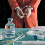 Handcuffed person in orange suit with lethal injection supplies.